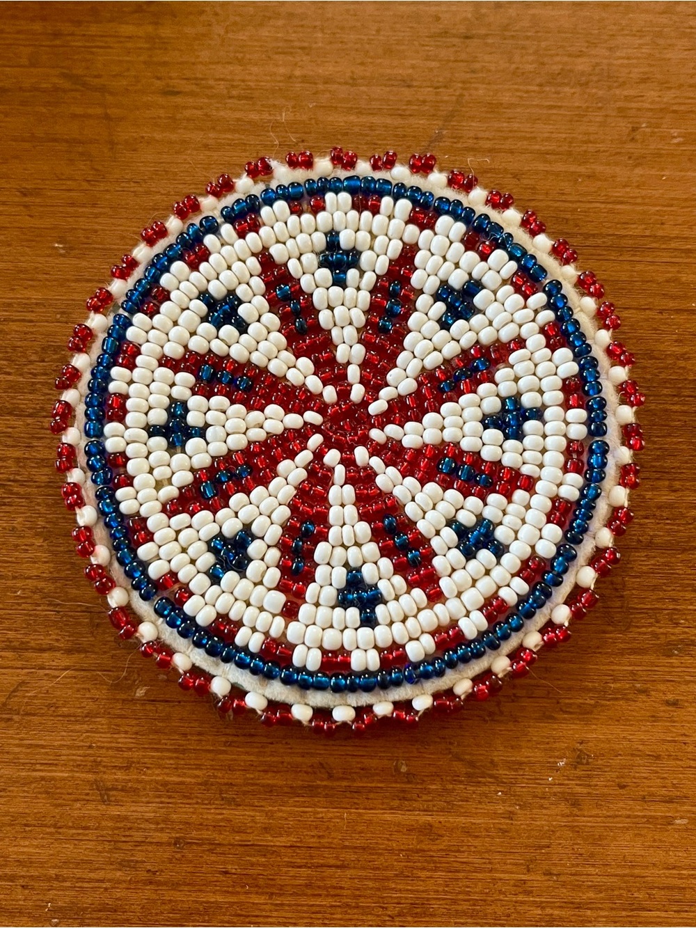 Beaded Indigenous Rosette Medallion Red Blue White